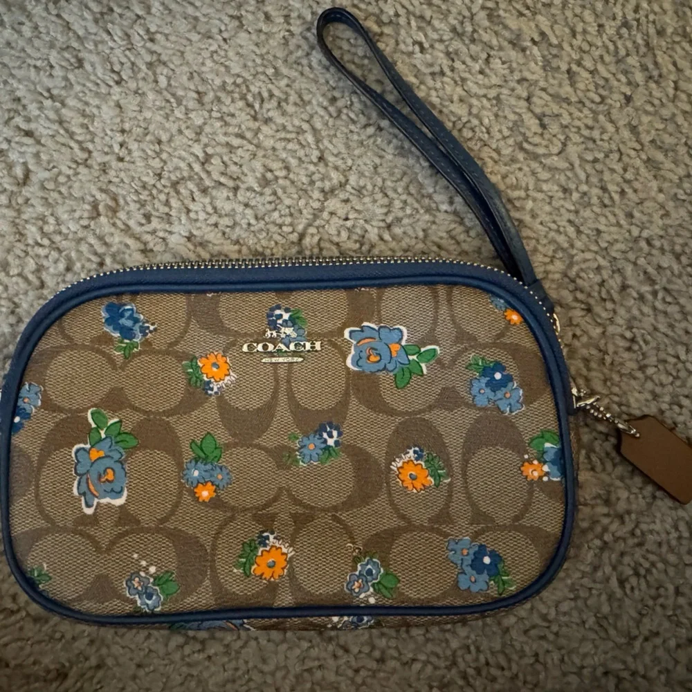 Coach Brown Floral Wristlet with Blue Accents - Like New - Picture 1 of 5